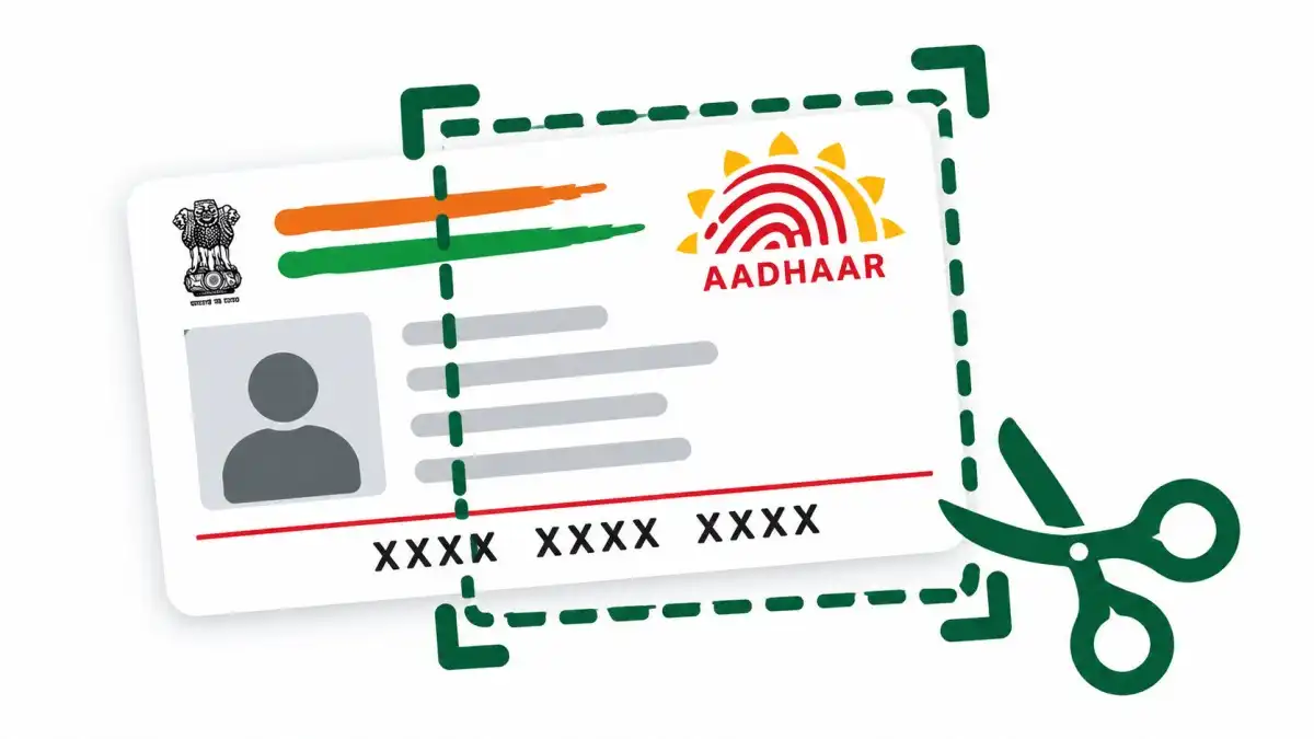 Illustration of an Aadhaar card inside a dashed crop selection, with a shield checkmark showing the image is handled privately on your own device