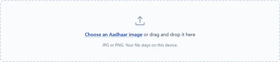 The crop tool's empty upload area, showing 'Choose an Aadhaar image or drag and drop it here'
