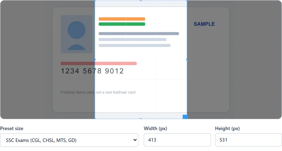 The crop tool with a sample card loaded, the crop selection box positioned over it, and the SSC exam preset chosen