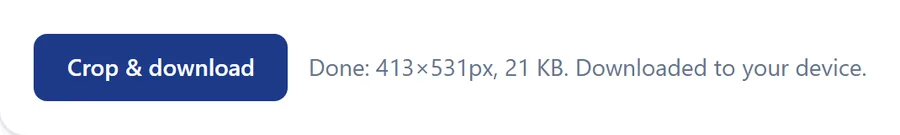 The tool's 'Crop & download' button next to a status message reading 'Done: 413x531px, 21 KB. Downloaded to your device.'